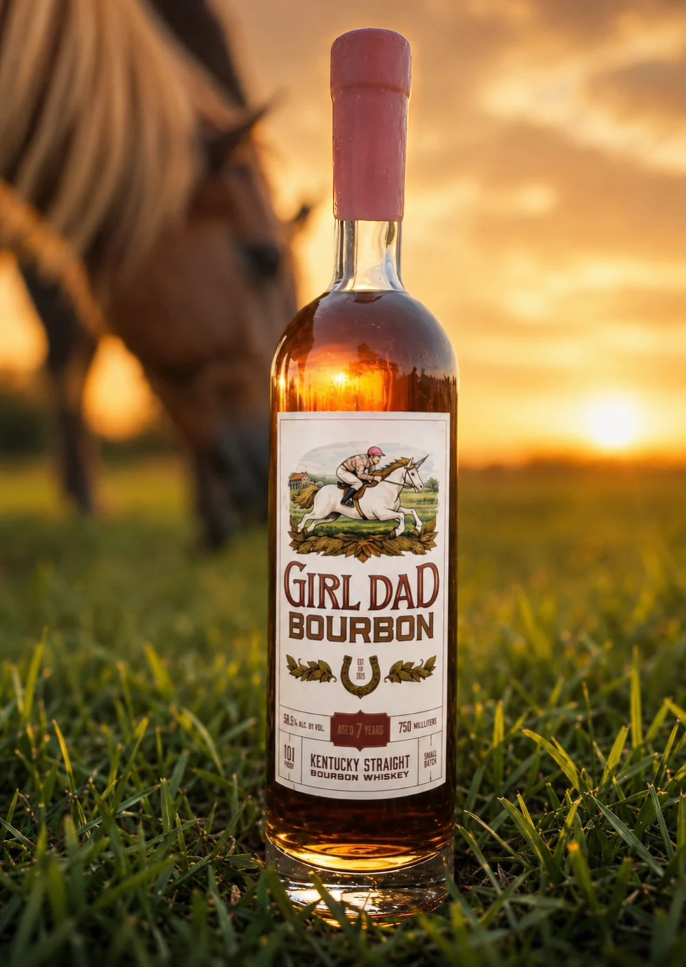 Girl Dad Bourbon bottle with a straight pink wax seal beside a horse at sunset