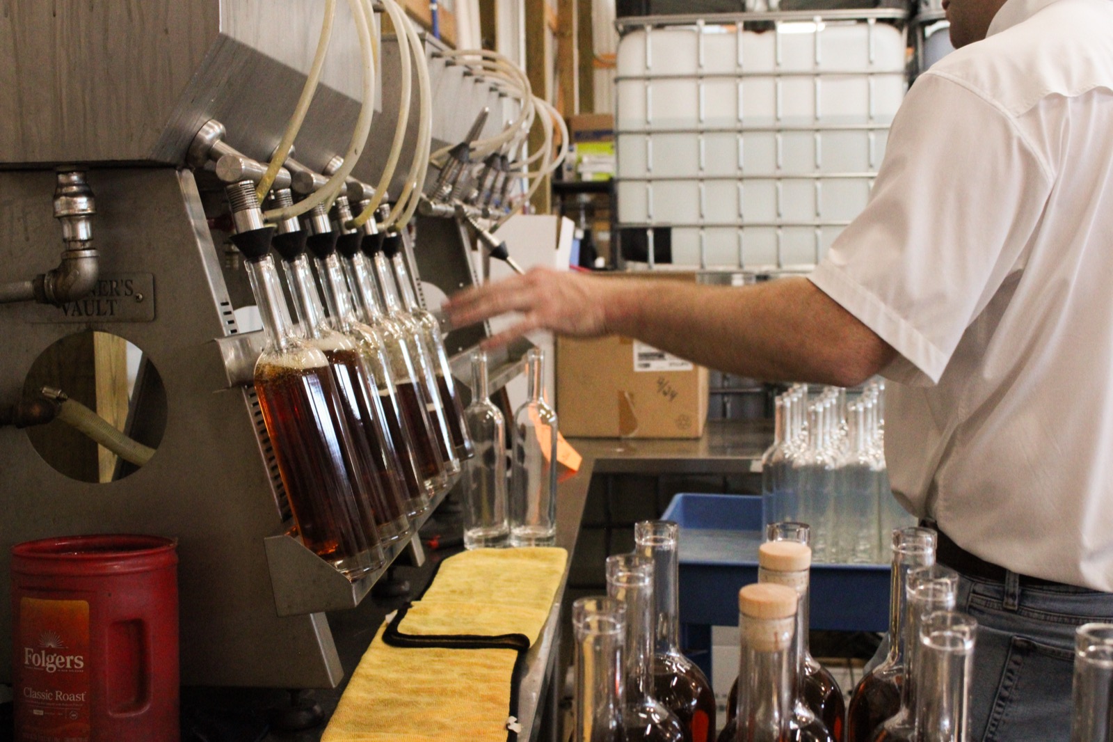 Bourbon being filled on the bottling line at the distillery